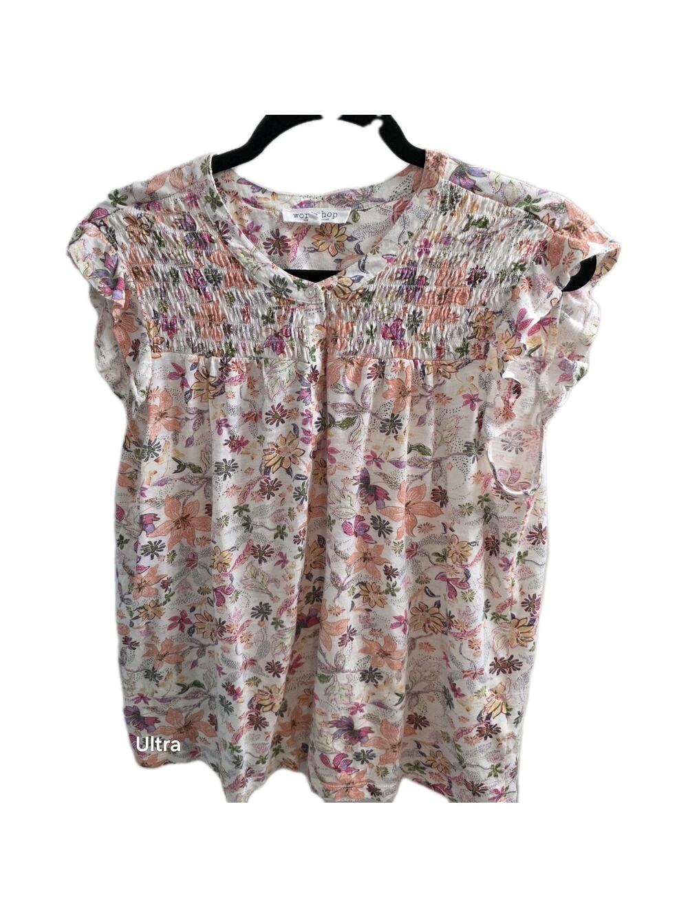 Workshop Republic Clothing XL Floral Sleeveless Blouse Smocked Yoke Cottagecore